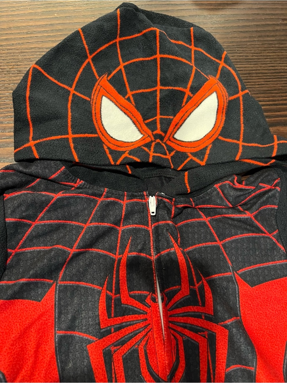 Marvel Kids Black and Red Spider-Man Hooded Zip-Up Costume/PJs one piece.